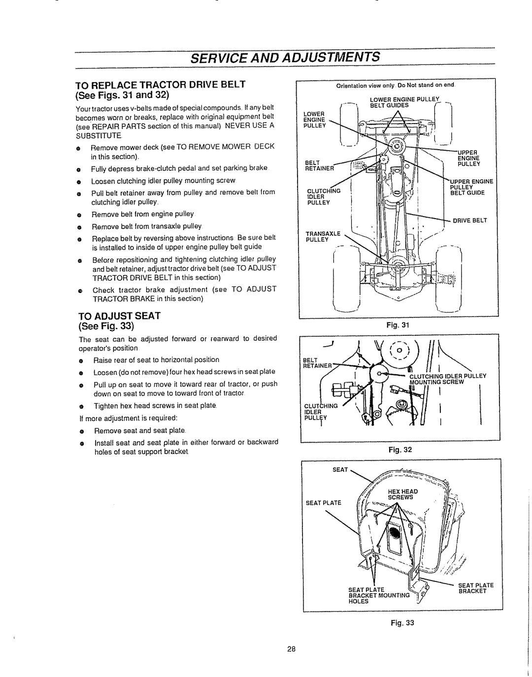 Sears 536.25587 owner manual To Replace Tractor Drive Belt, See Figs, To Adjust Seat 