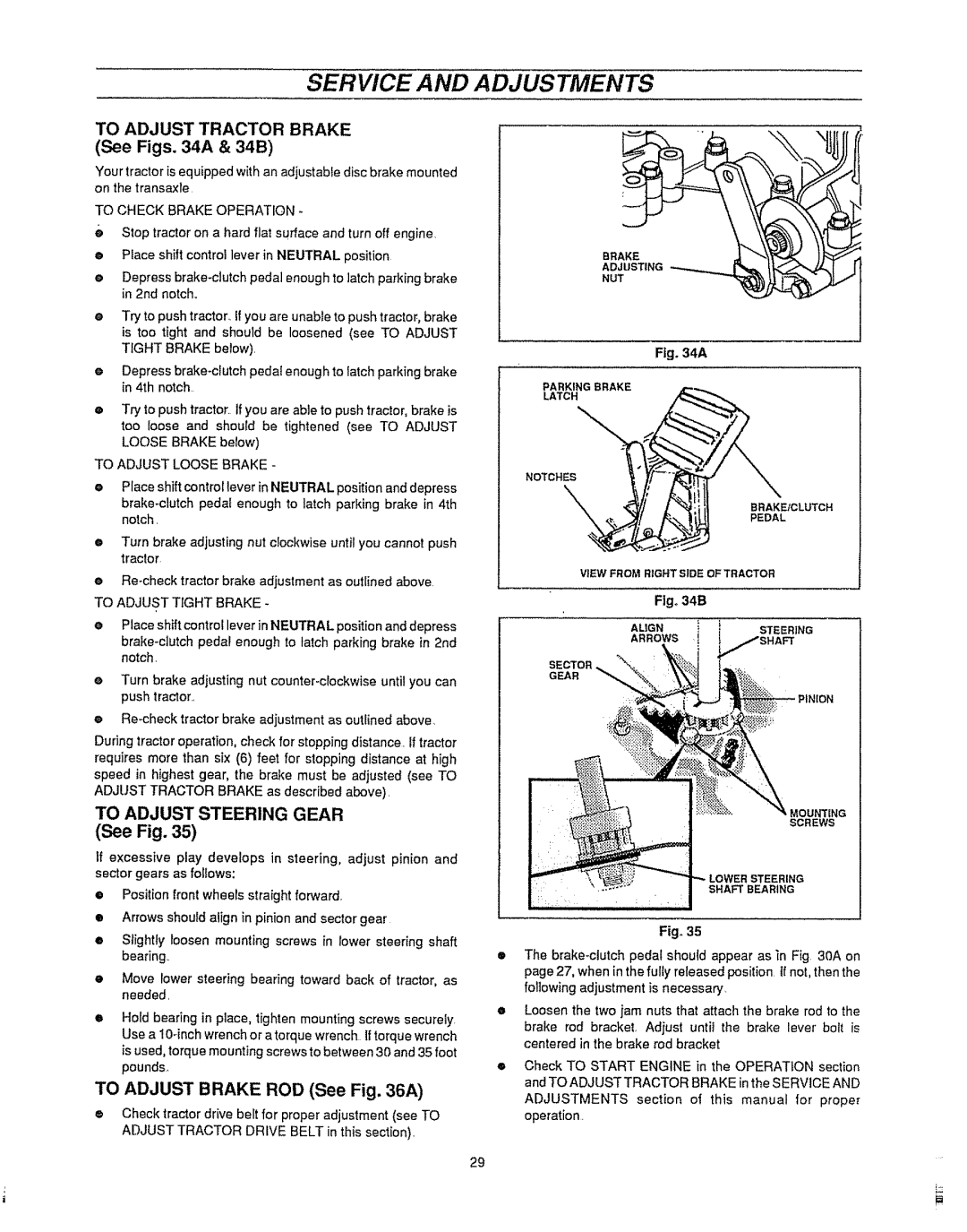 Sears 536.25587 owner manual To Adjust Tractor Brake, See Figs a & 34B, To Adjust Steering Gear, To Adjust Brake ROD See a 