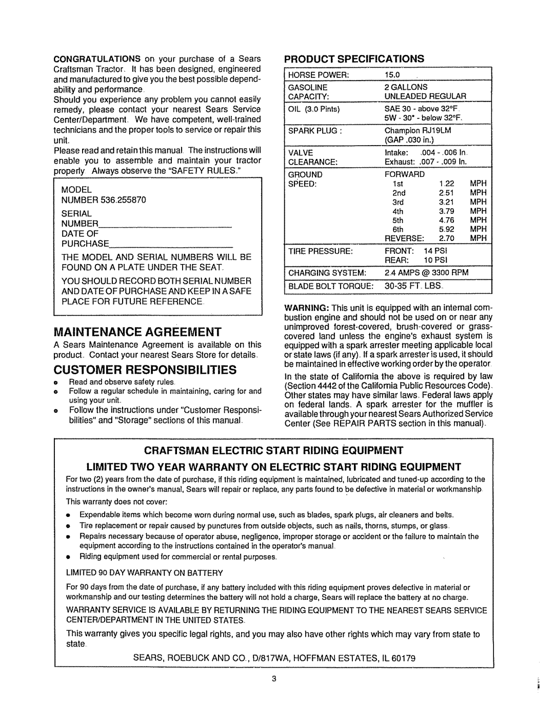 Sears 536.25587 owner manual Maintenance Agreement, Customer Responsibilities, Product Specifications 