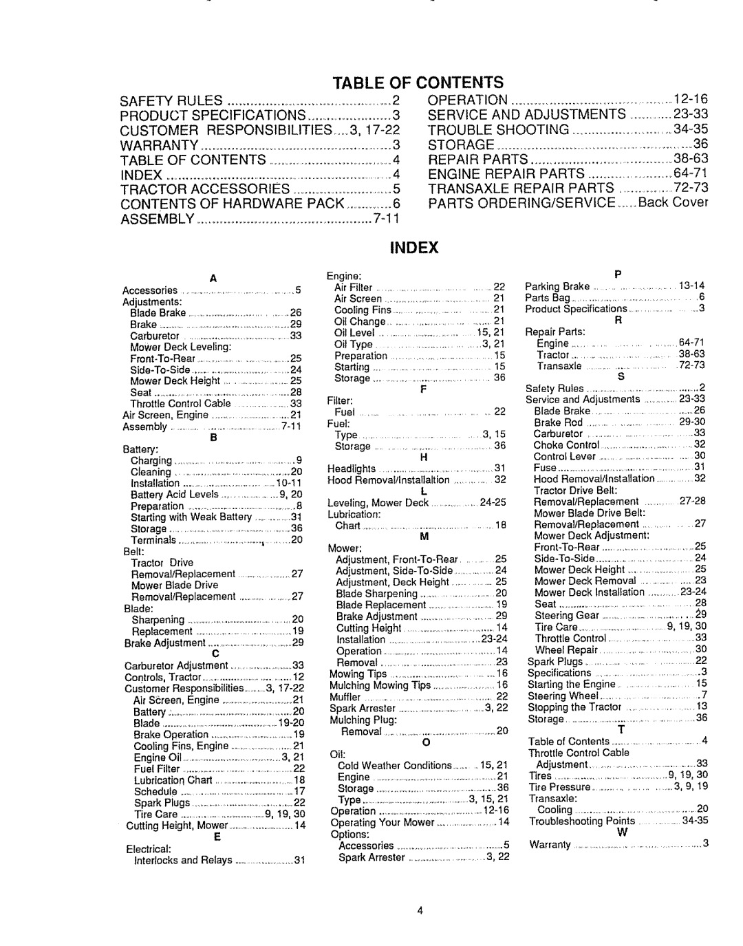 Sears 536.25587 owner manual Table of Contents 