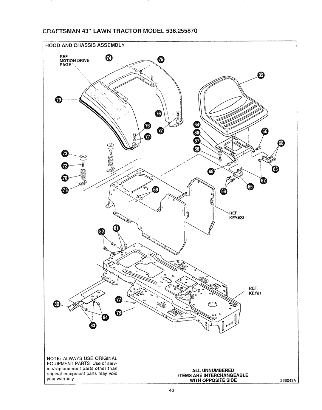 Sears 536.25587 Hood and Chassis Assembly, Motion Drive, ALL Unnumbered Items are Interchangeable With Opposite Side 