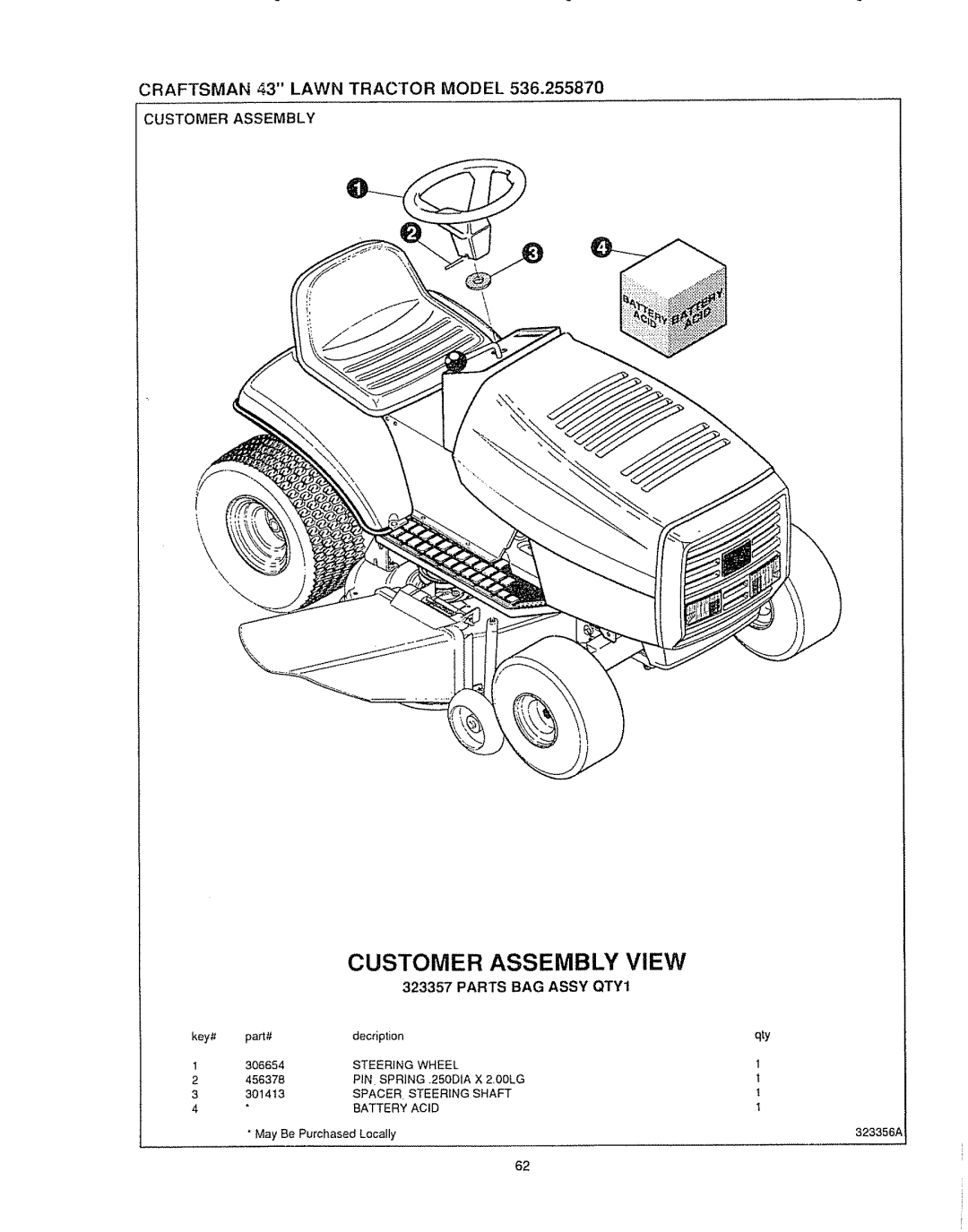 Sears 536.25587 owner manual Craftsman 43 Lawn Tractor Model Customer Assembly, Parts BAG Assy QTY1 