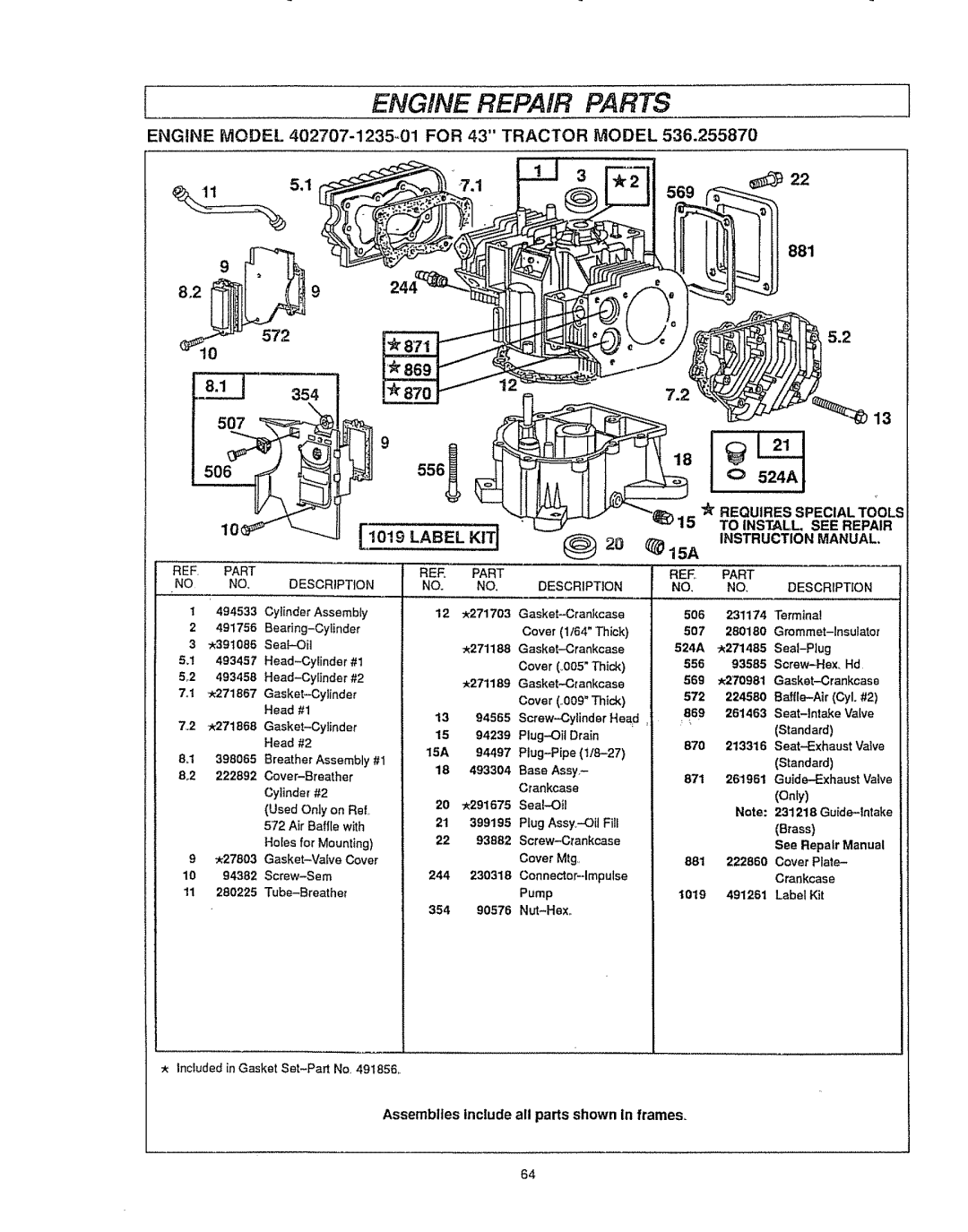 Sears 536.25587 owner manual Engine Model 402707-1235-01 for 43 Tractor Model, 556, Label, 881 