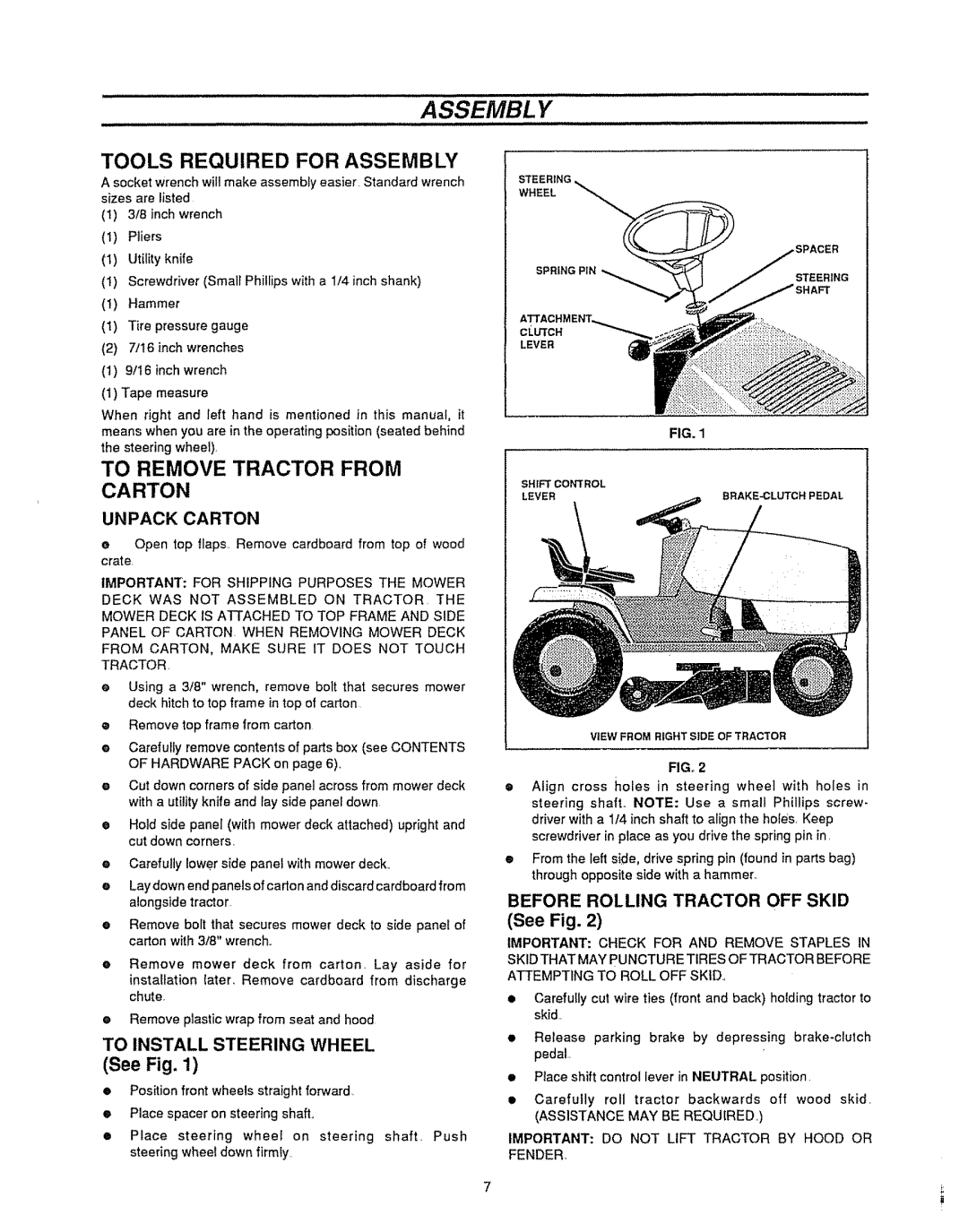 Sears 536.25587 owner manual Assembl Y, Tools Required for Assembly, Unpack Carton, To Install Steering Wheel 