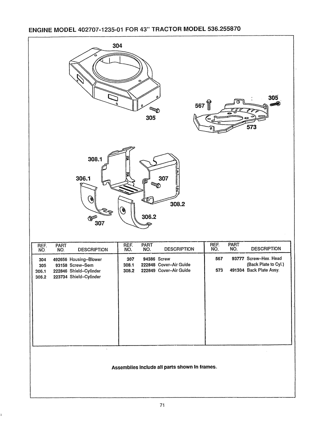 Sears 536.25587 owner manual Engine Model 402707-1235-01 for 43 Tractor Model 304, 567, 573, S73 