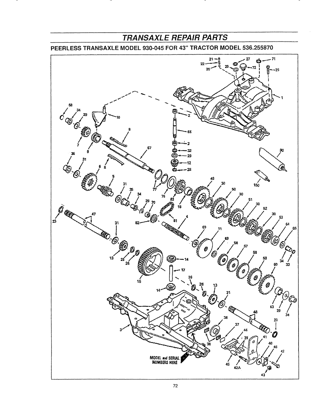 Sears 536.25587 owner manual Transaxle Repair Parts, Peerless Transaxle Model 930-045 for 43 Tractor Model 