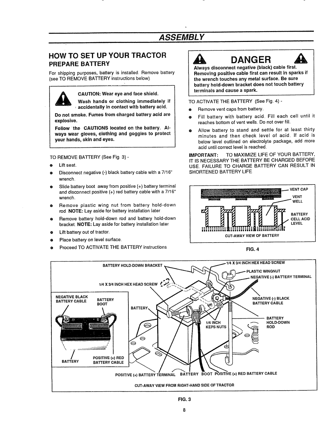 Sears 536.25587 owner manual Assembly, HOW to SET UP Your Tractor, Prepare Battery, Proceed to Activate the Battery, Boot 