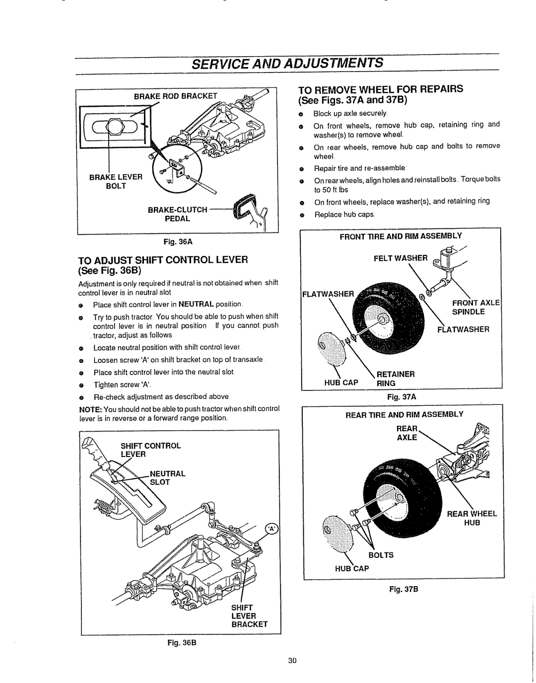 Sears 536.25587 owner manual Service And Adjustments, TO REMOVE WHEEL FOR REPAIRS See Figs. 37A and 37B, Bracket 