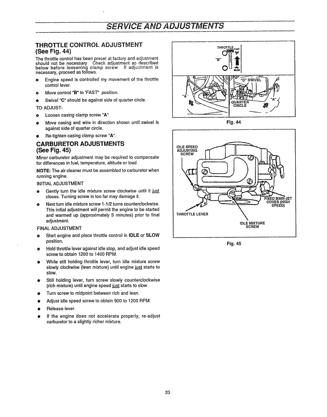 Sears 536.25587 owner manual Service And Adjustments, See Fig, THROTTLE CONTROl. ADJUSTMENT, Carburetor Adjustments 