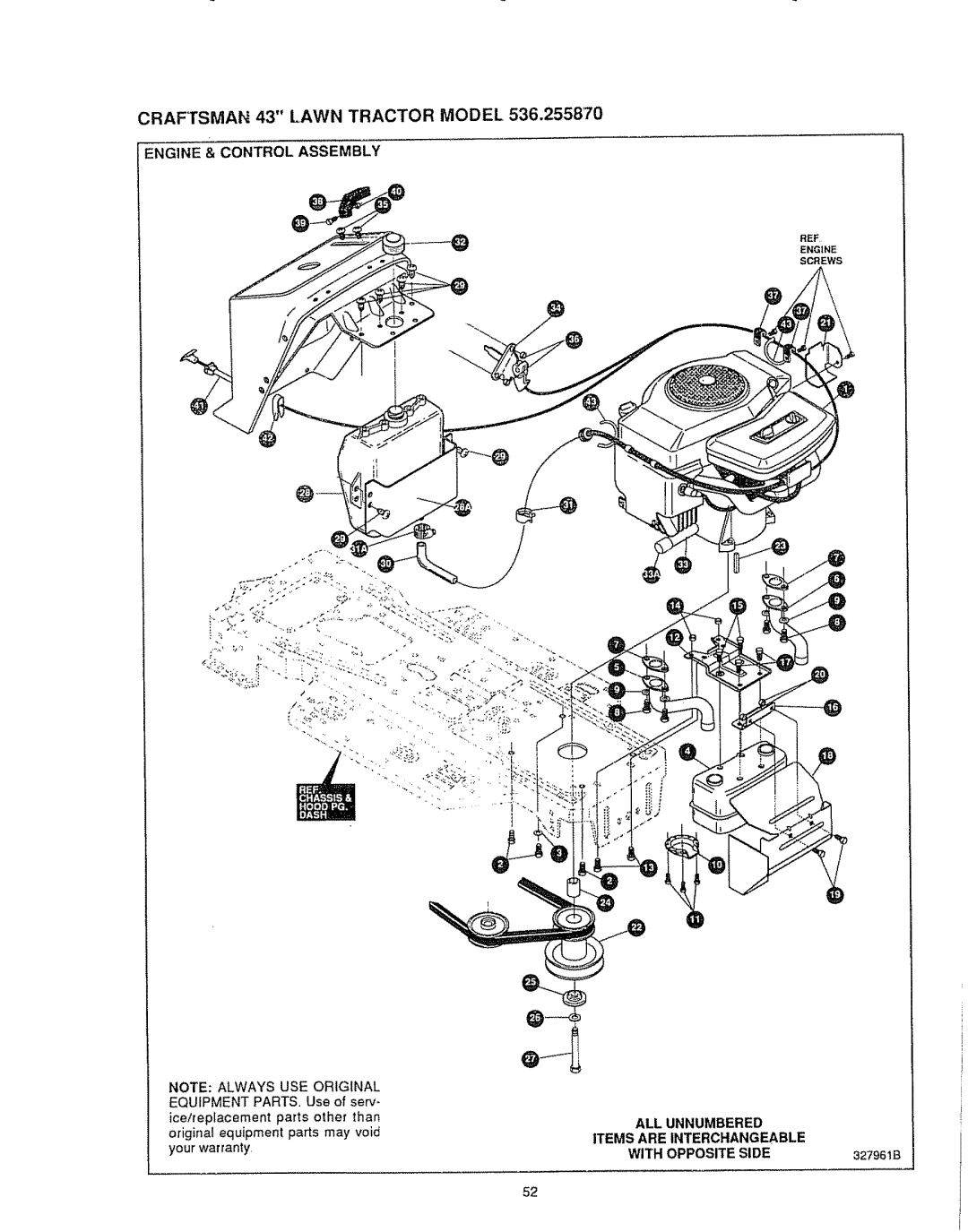 Sears 536.25587 CRAFTSMAN 43 LAWN TRACTOR MODEL, Engine & Control Assembly, Note: Always, Use Original, ice/replacement 