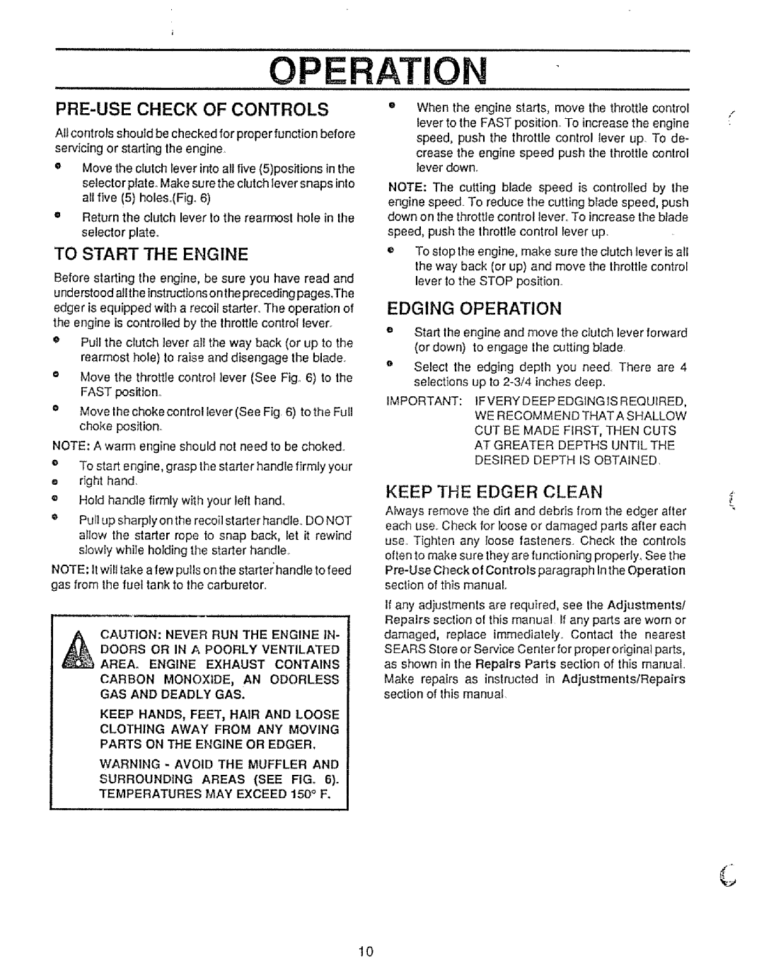 Sears 536.79751 owner manual PRE-USE Check of Controls, To Start the Engine, Edging Operation, Keep the Edger Clean, Fast 