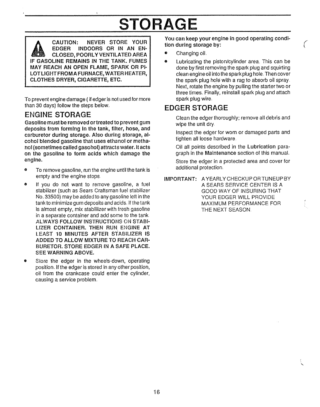 Sears 536.79751 owner manual Engine Storage, Edger Storage, Edger Indoors or in AN EN CLOSED, Poorly Ventilated Area 