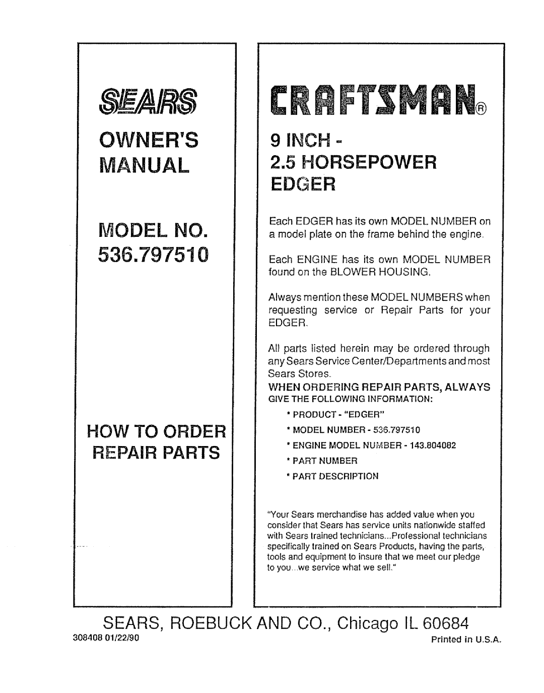 Sears 536.79751 owner manual When Ordering Repair PARTS, Always, Give the Following Information Product Edger 