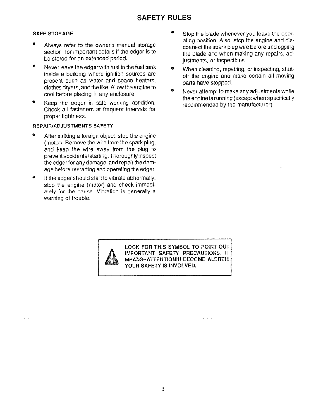 Sears 536.79751 owner manual Safe Storage, REPAIR1ADJUSTMENTS Safety, Yolir Safety is Involved 