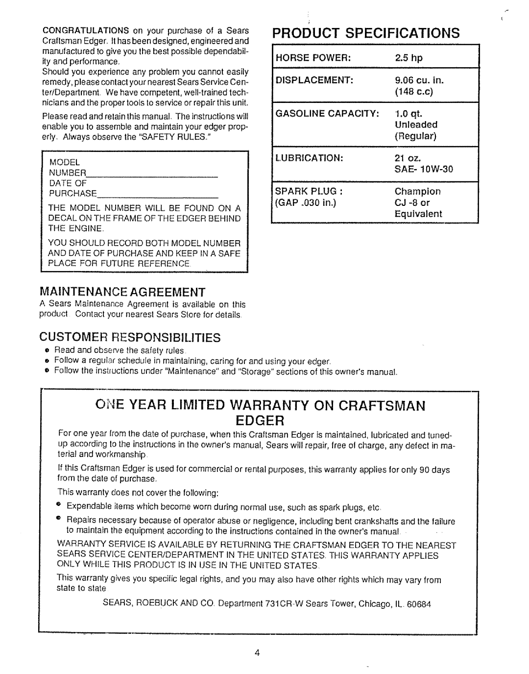 Sears 536.79751 owner manual Maintenance Agreement, Customer Responsibilities 