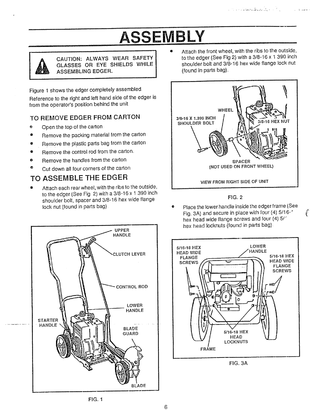 Sears 536.79751 Bly, To Assemble the Edger, To Remove Edger from Carton, Glasses or EYE Shields While Assembling Edger 