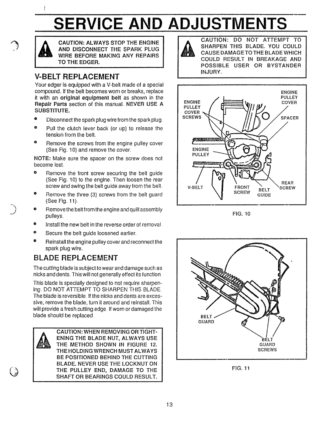 Sears 536.79751 owner manual Service And, Adjustments, V-Beltreplacement, Blade Replacement 