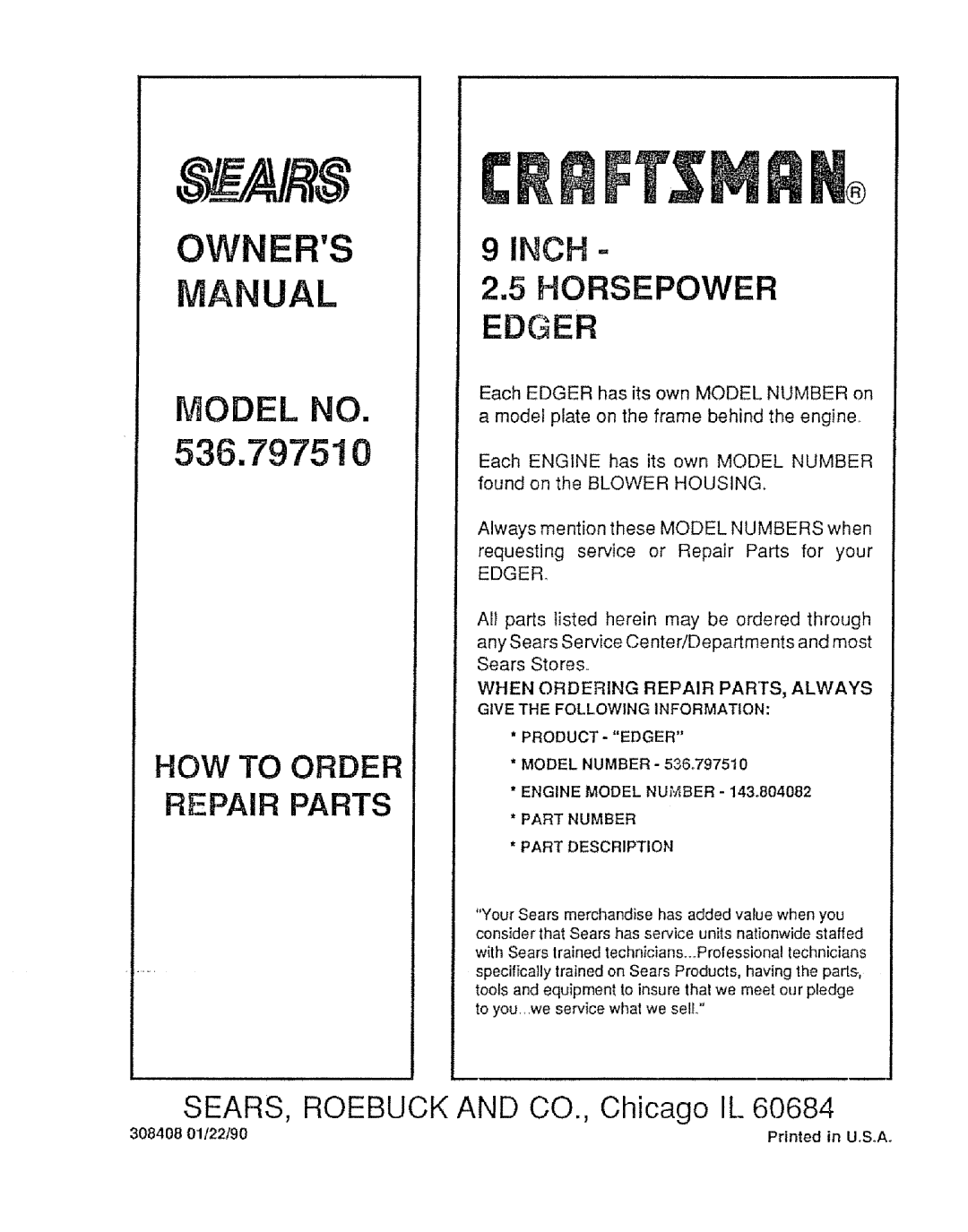 Sears 536.79751 Model No, How To Order Repair Parts, INCH 2.5HORSEPOWER EDGER, SEARS, ROEBUCK AND CO., Chicago IL 