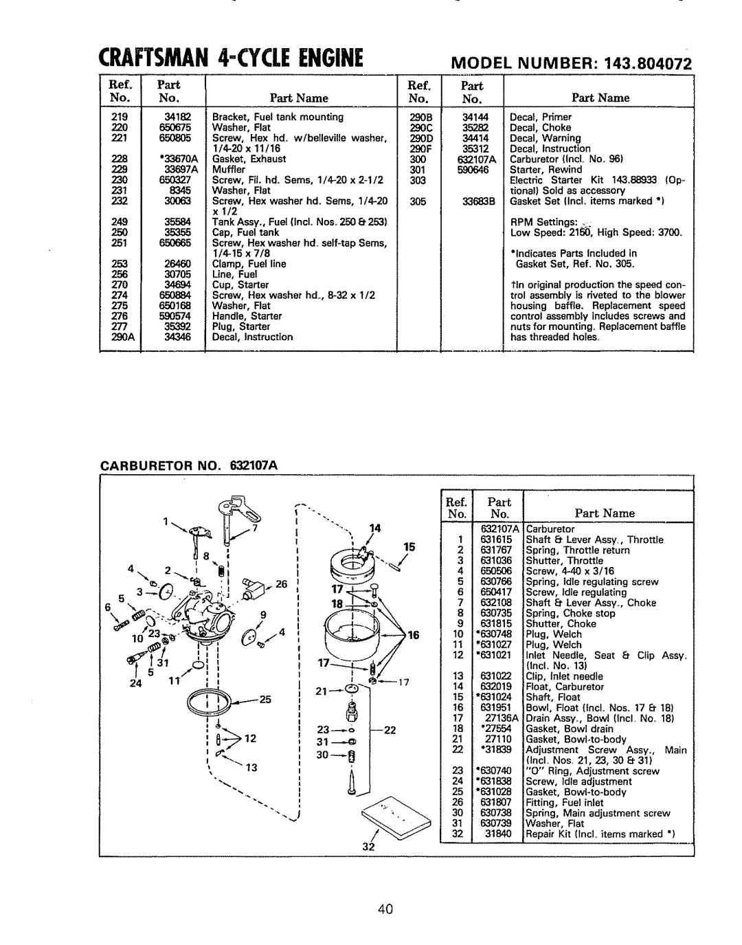 Sears 536.884811 owner manual Carburetor no a 