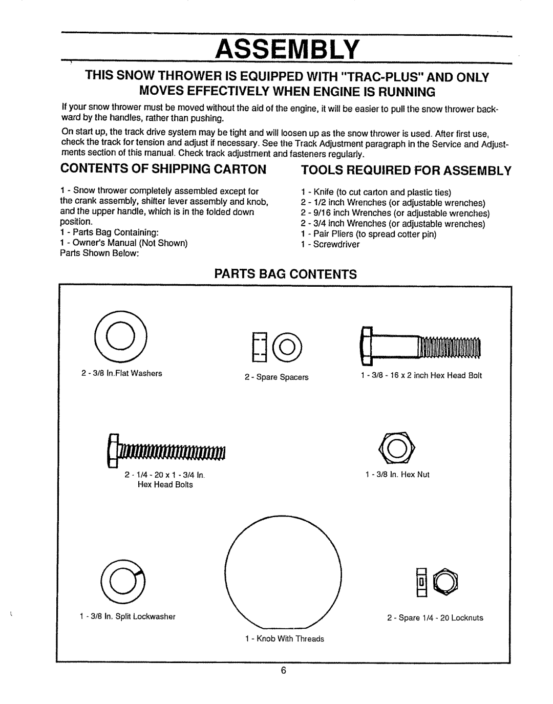 Sears 536.884811 owner manual Contents of Shipping Carton Tools Required for Assembly, Parts BAG Contents 