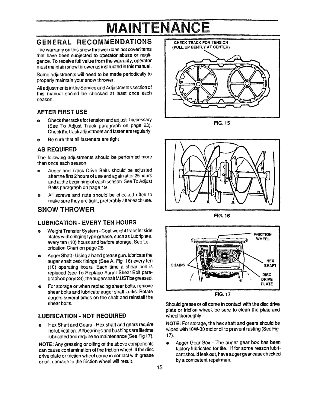 Sears 536.884821 manual Maintenance, General Recommendations, Snow Thrower 