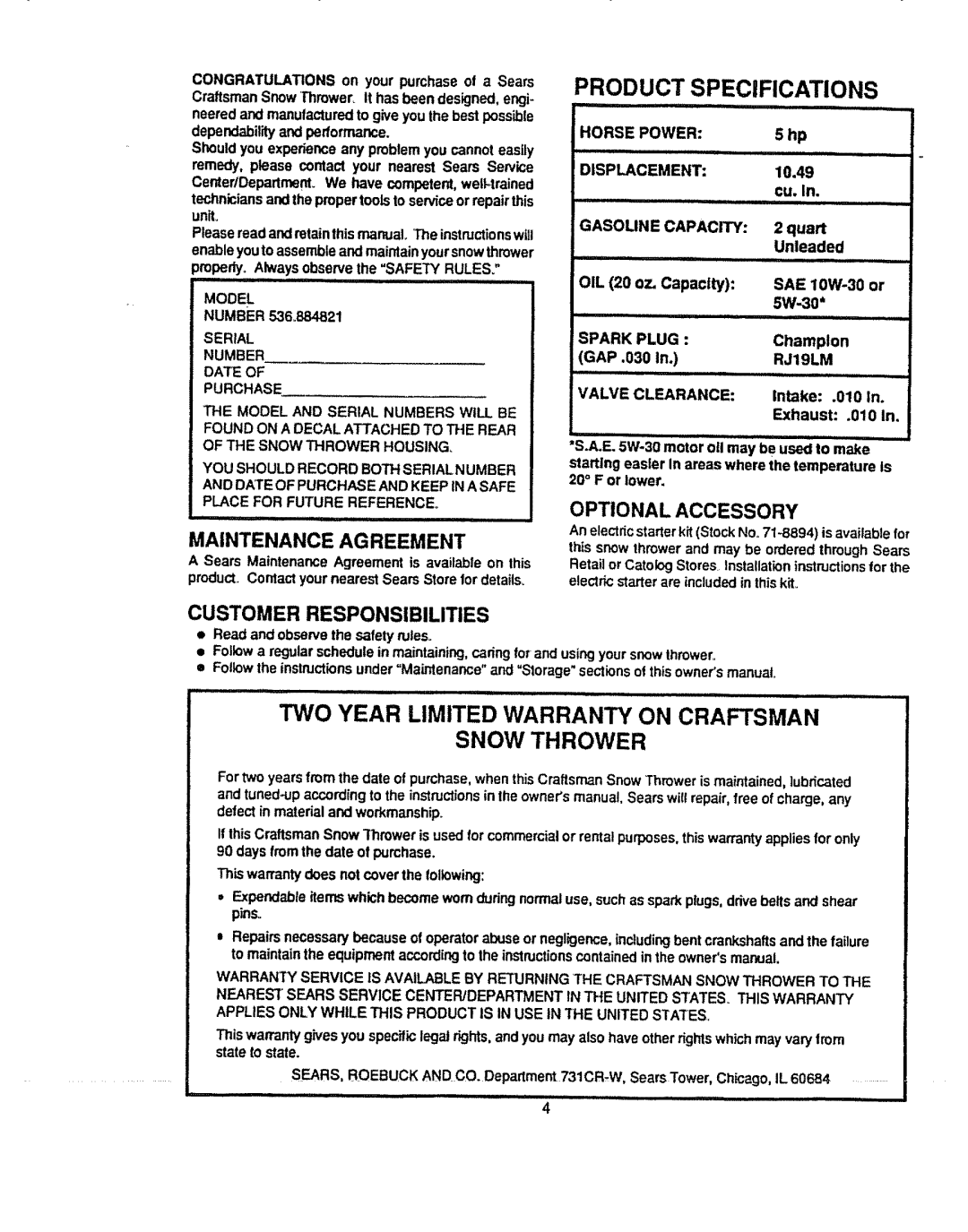 Sears 536.884821 Product Specifications, Two Year Limited Warranty On Craftsman, Snow Thrower, Customer Responsibilities 