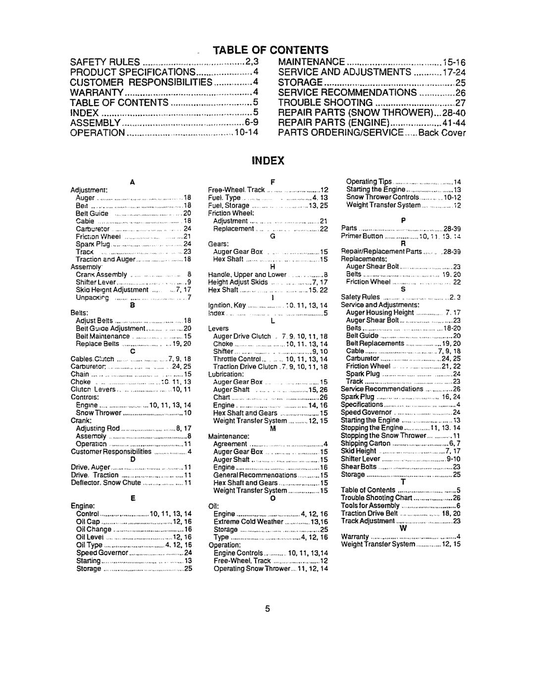 Sears 536.884821 manual Table Of Contents, iNDEX 
