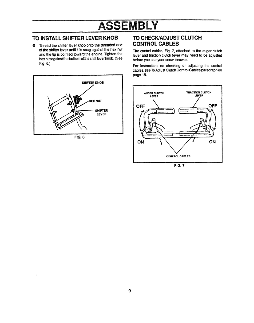 Sears 536.884821 manual TO iNSTALL SHIFTER LEVER KNOB, To Checkjadjust Clutch Control Cables, Onon, F,G7 