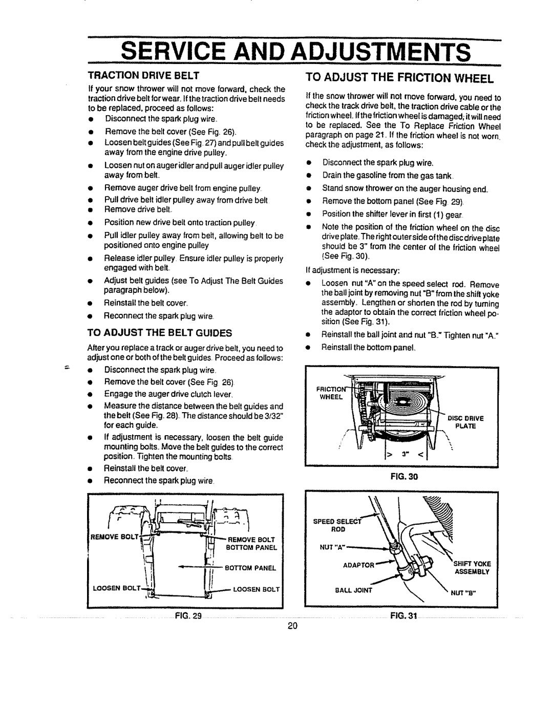 Sears 536.884821 Service AN ,.,DJUSTMENTS, Traction Drive Belt, To Adjust the Friction Wheel, To Adjust the Belt Guides 