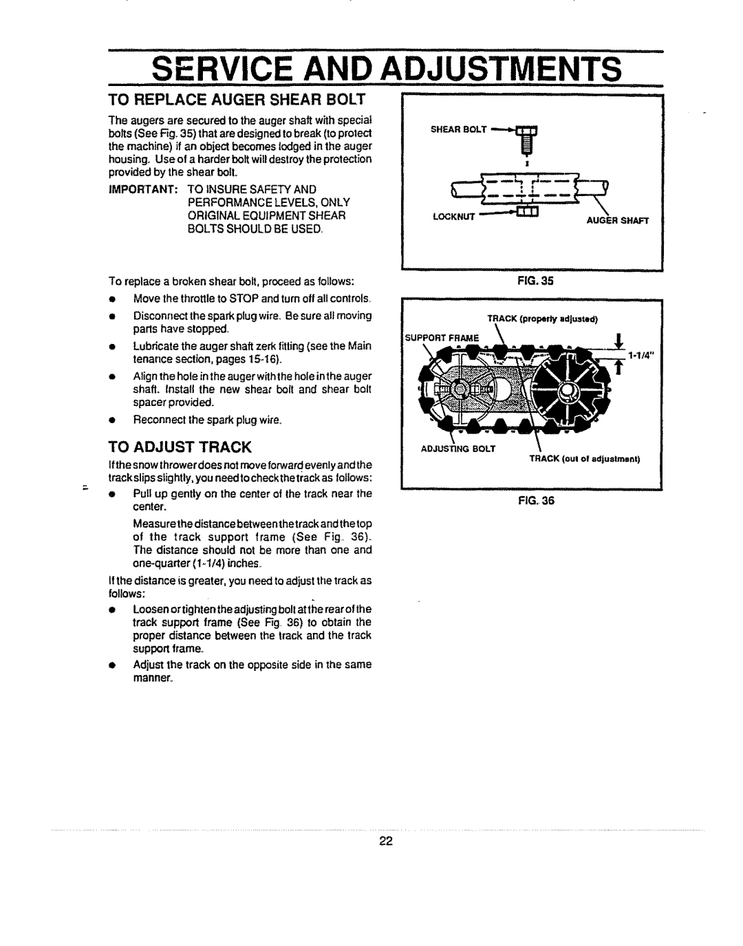 Sears 536.884821 manual To Replace Auger Shear Bolt, To Adjust Track, Spacer provided, FIG,.36 