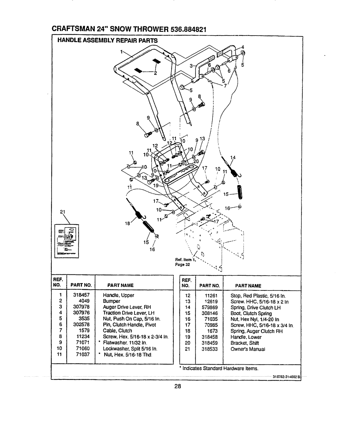 Sears 536.884821 manual Craftsman 24 Snow Thrower, Handle Assembly Repair Parts 