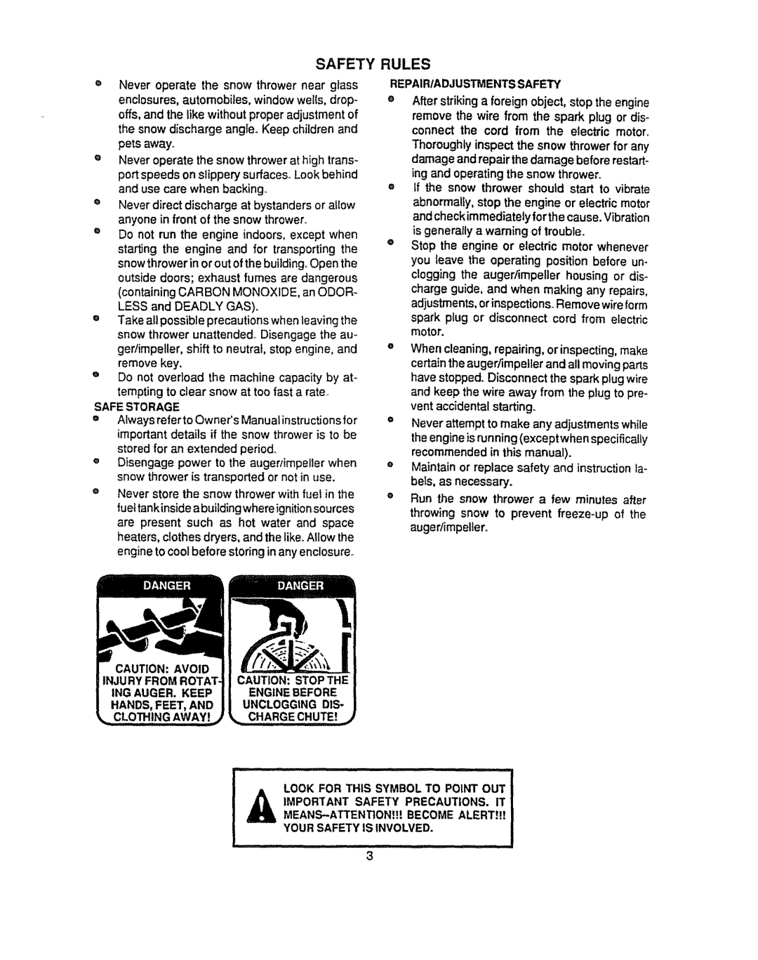 Sears 536.884821 manual Safe Storage, REPAIR/ADJUSTMENTS Safety 