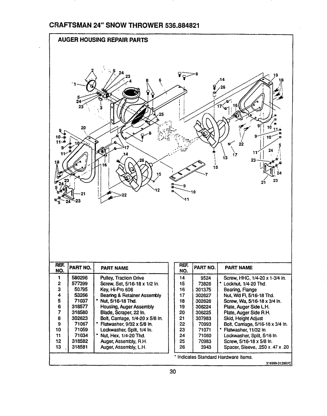 Sears 536.884821 manual Auger Housing Repair Parts 