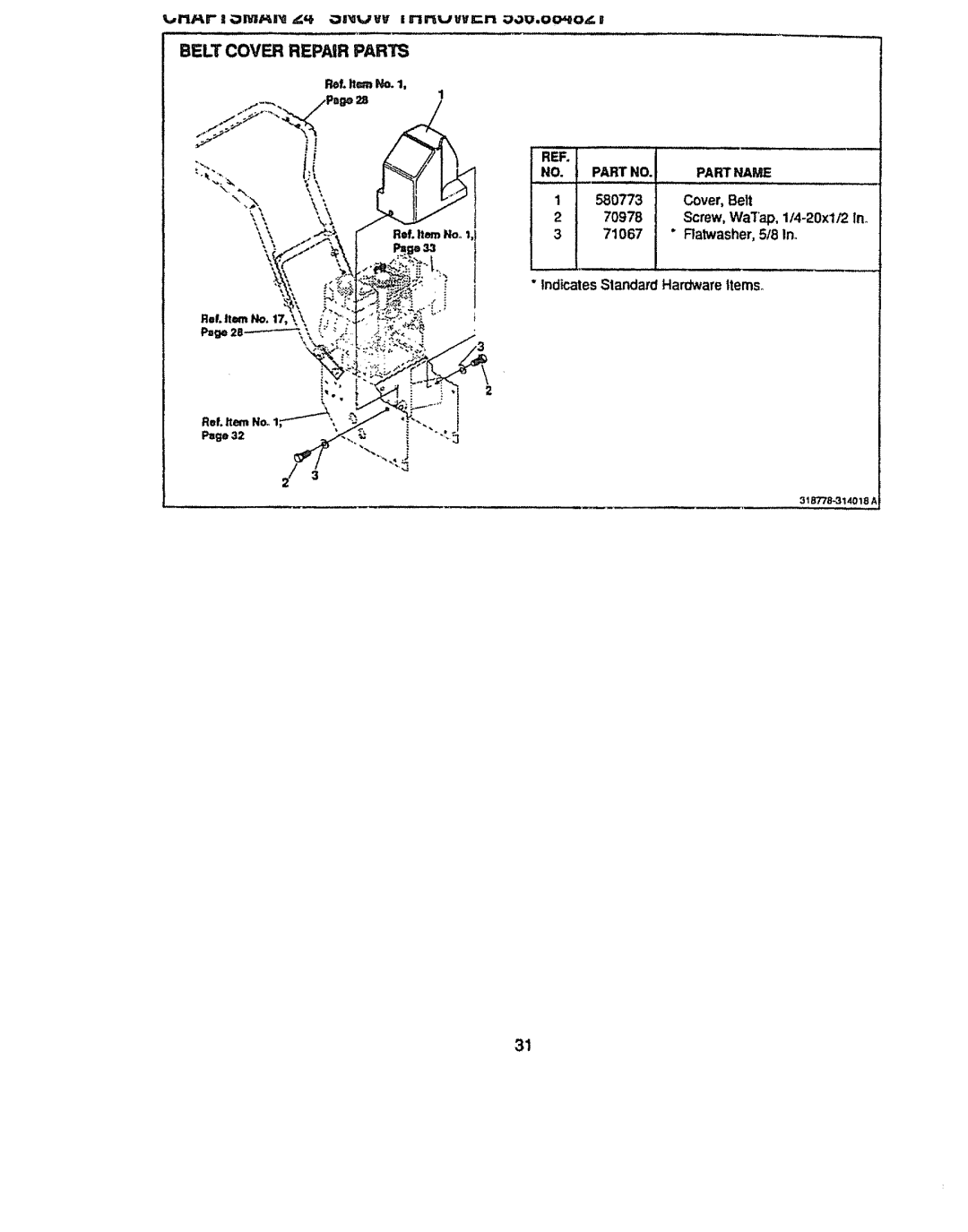 Sears 536.884821 Cover, Belt, Flatwasher,518Ino IndicatesStandardHardwarettems, Screw, WaTap, 1/4-20xl/2 Ino Ref. ItrnHOo 