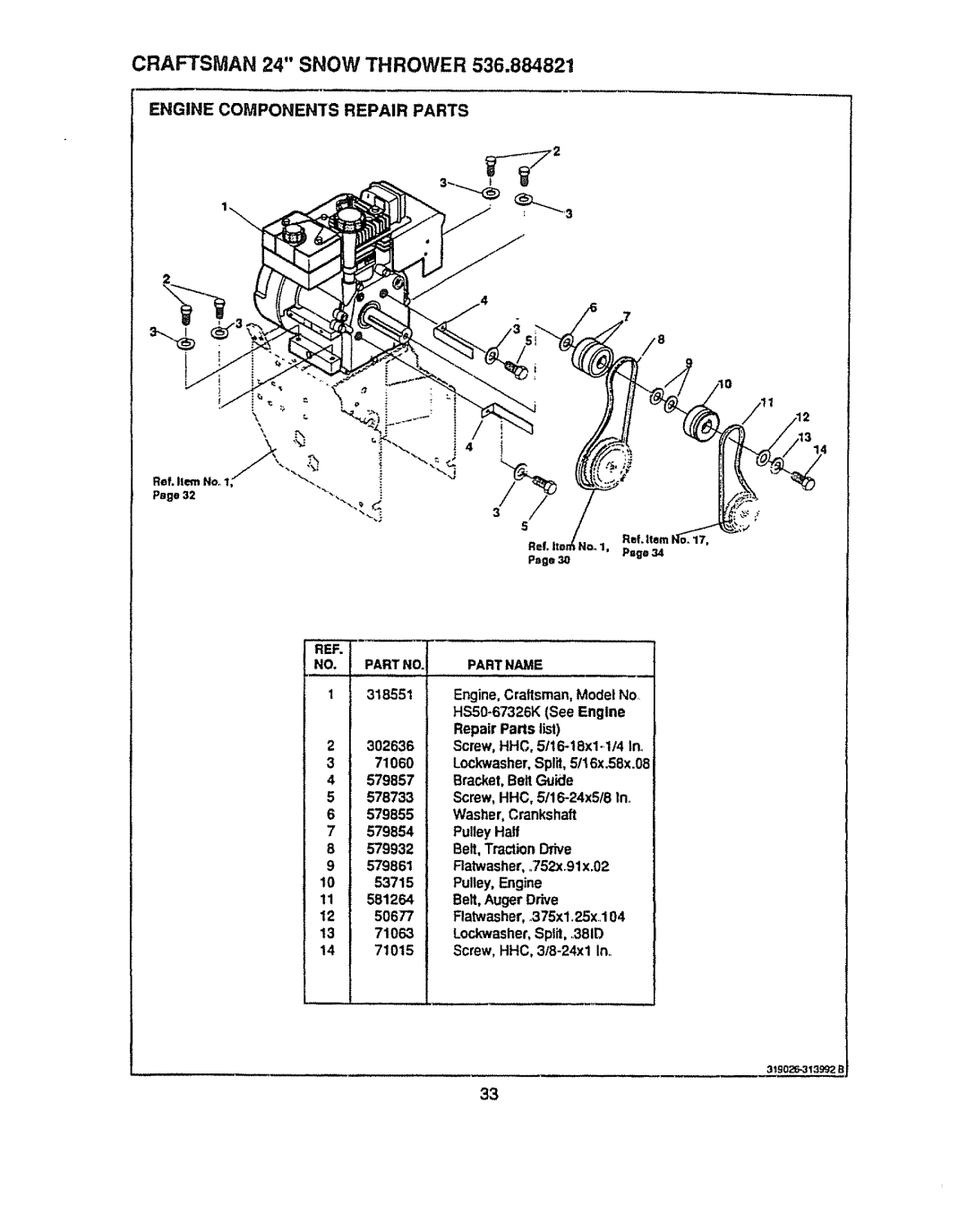 Sears 536.884821 manual Engine Components Repair Parts 