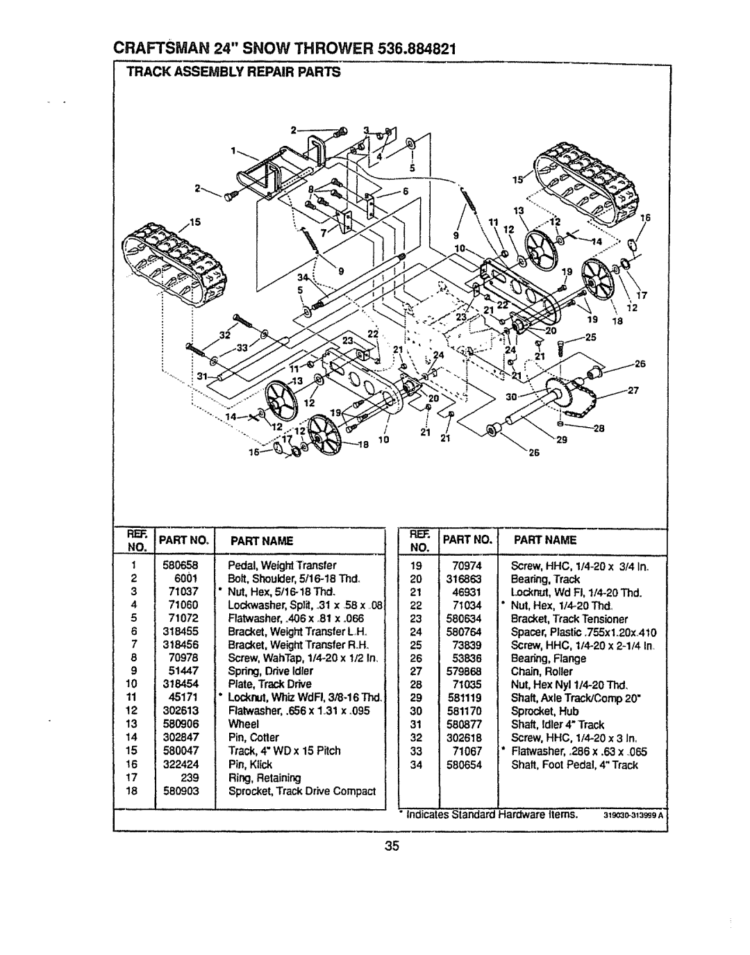 Sears 536.884821 manual Track Assembly Repair Parts 