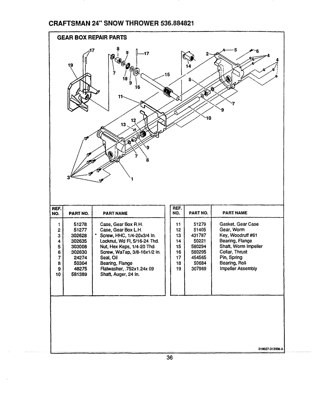 Sears 536.884821 manual Gear BOX Repair Parts Reri 