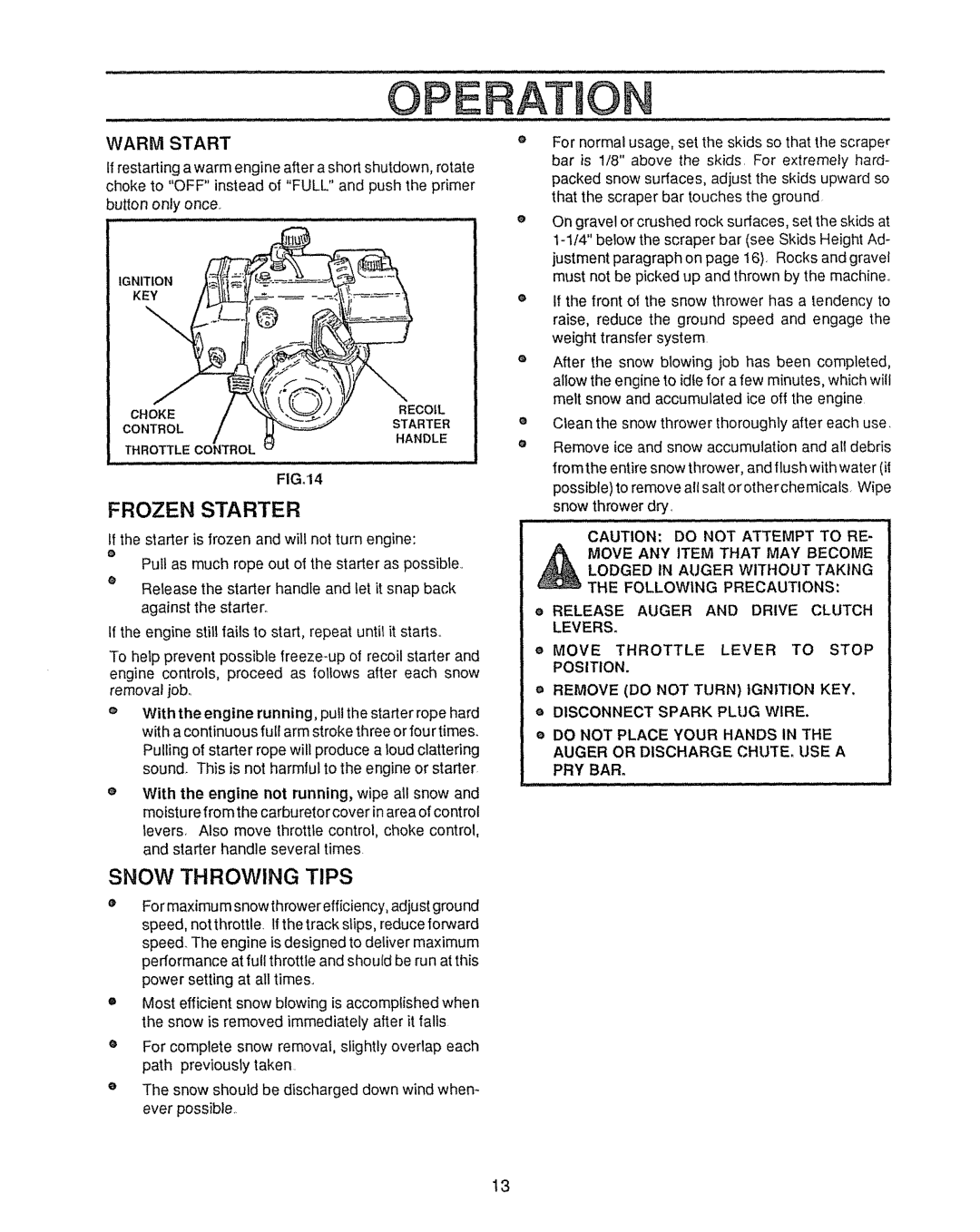 Sears 143.804062, 536.885410 manual Frozen Starter, Snow Throwing Tips, Warm Start 