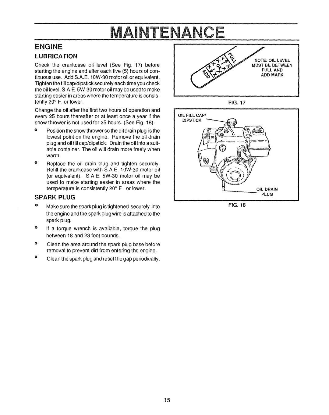 Sears 143.804062, 536.885410 manual Tenance, Engine, Lubrication, Spark Plug 