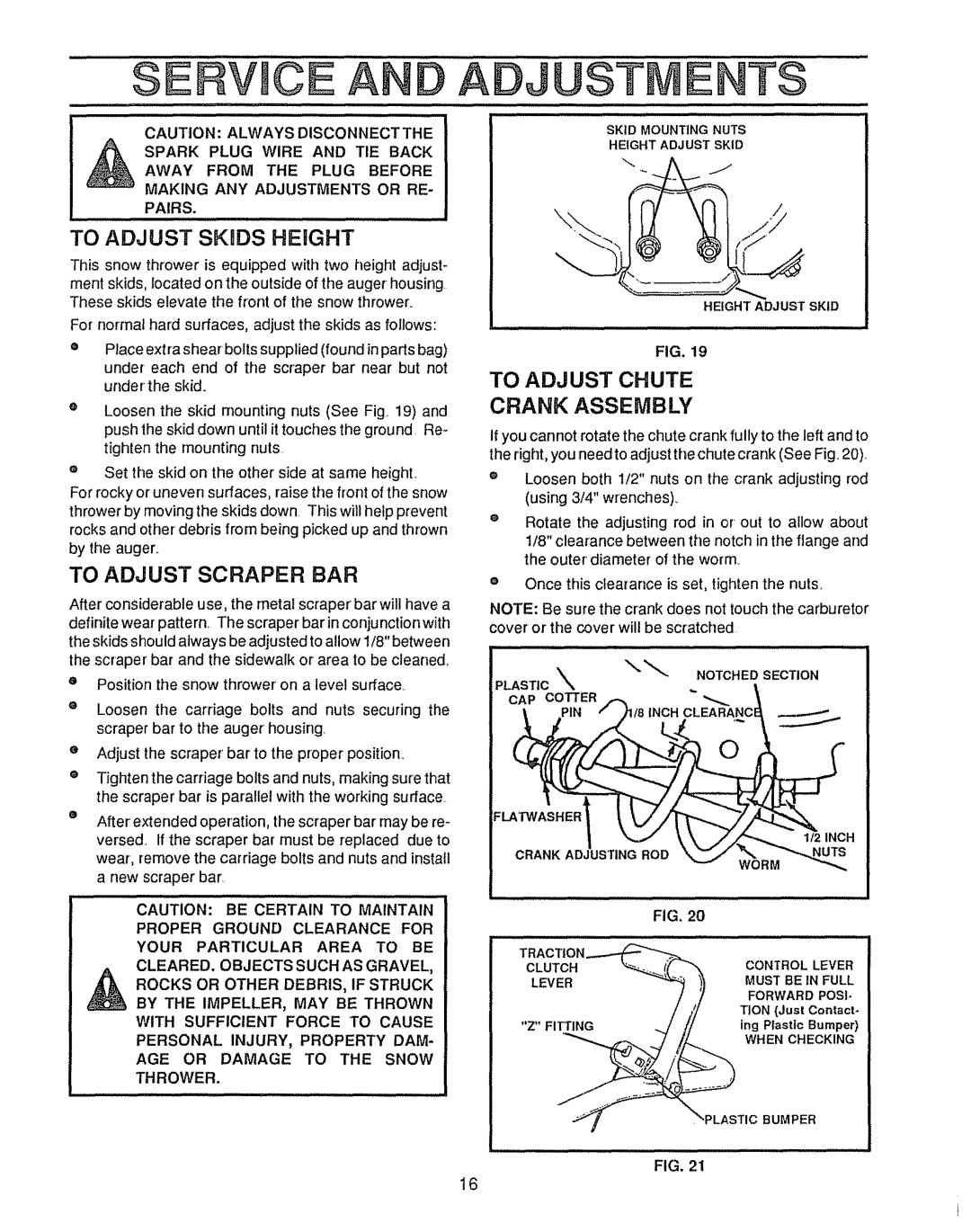 Sears 536.885410, 143.804062 manual Servmce Andadjust E TS, To Adjust Chute Crank Assembly, To Adjust Scraper BAR 