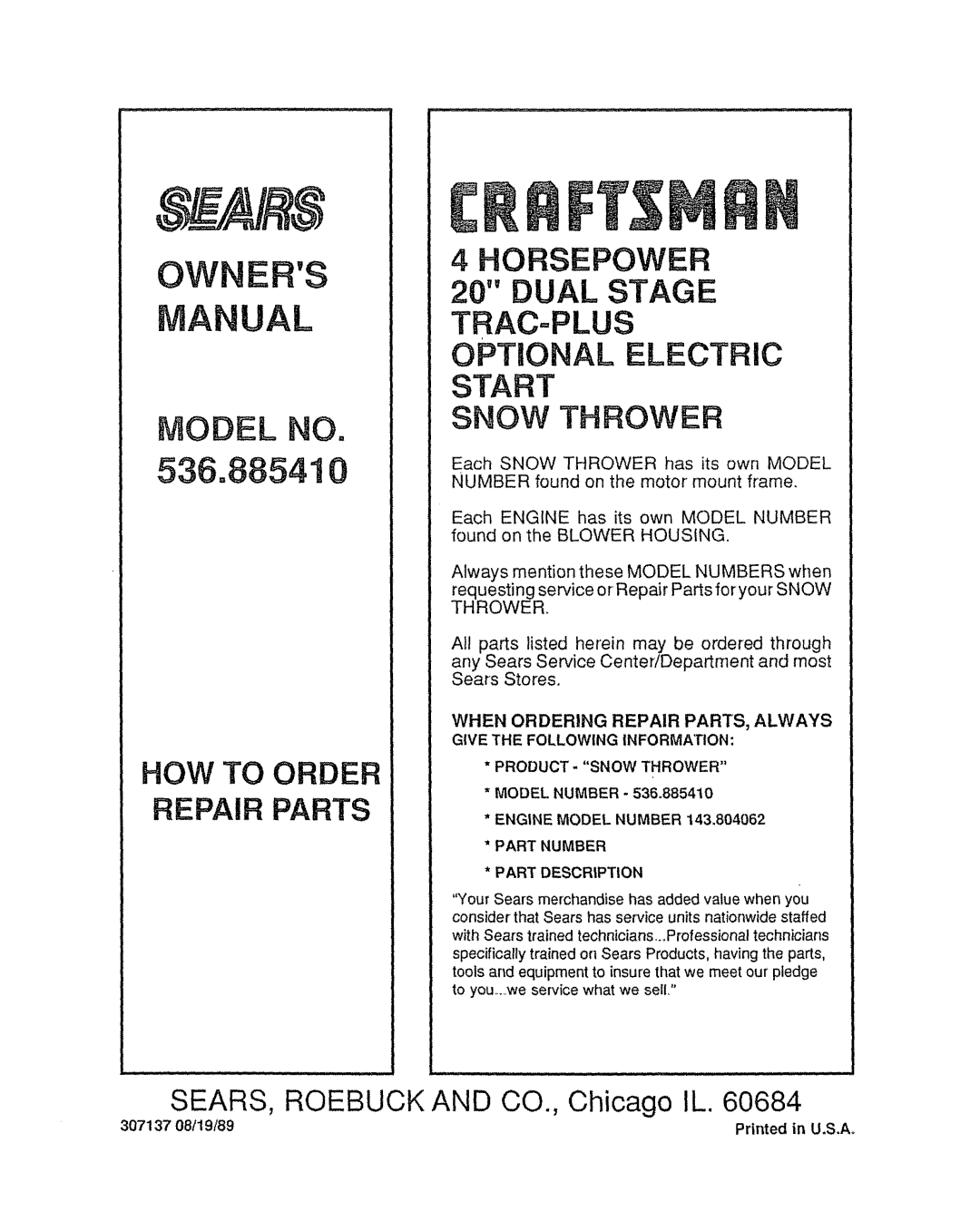 Sears 536.885410, 143.804062 manual Owners UAL, When Ordering Repair PARTS, Always 