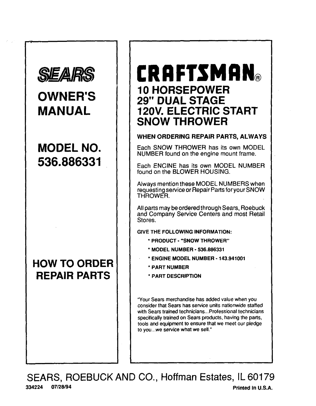Sears 536.886331 owner manual SEARS, ROEBUCK AND CO., Hoffman Estates, IL, When Ordering Repair Parts, Always, Craftsman 