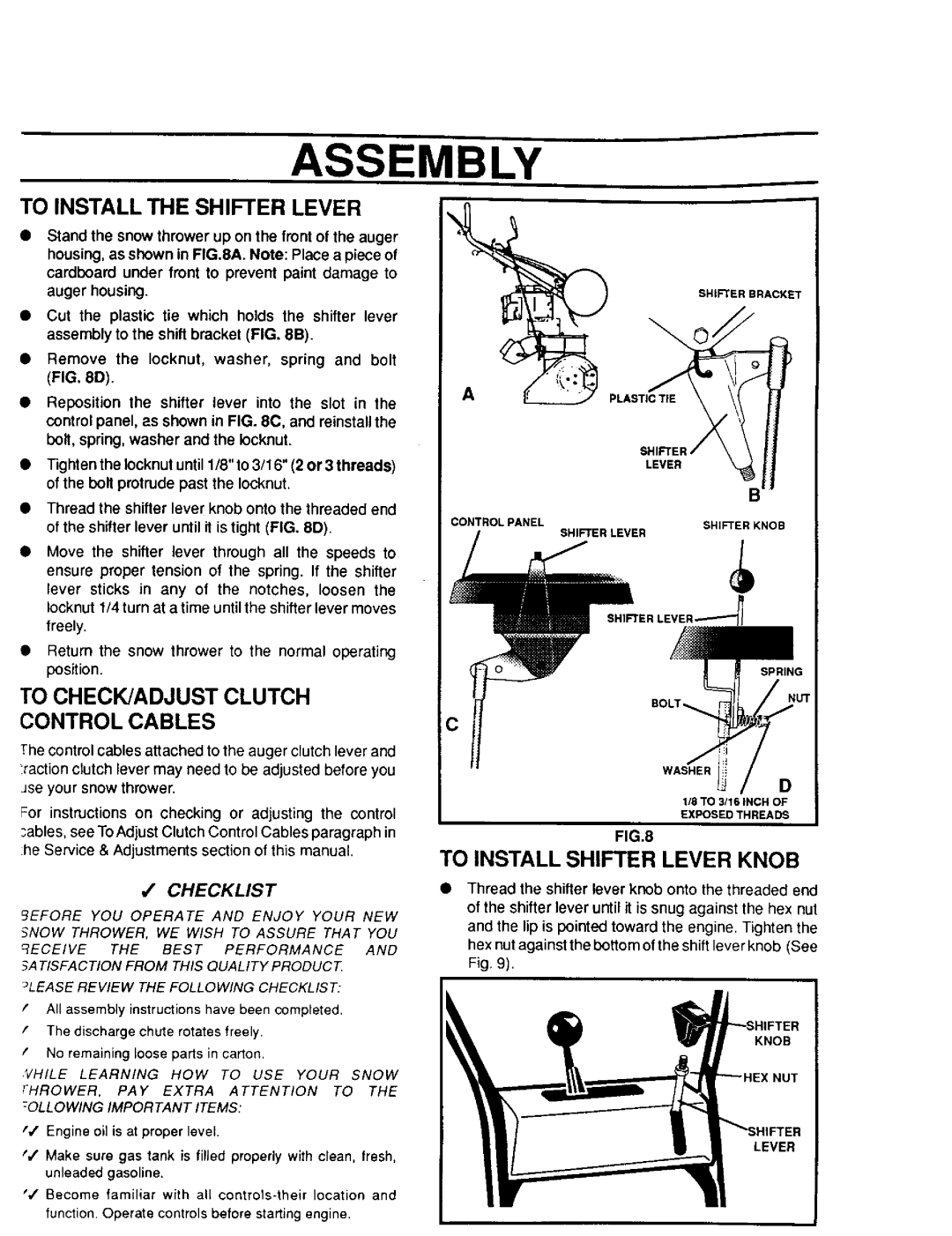 Sears 536.886331 owner manual Assembly, To Check/Adjust Clutch Control Cables, To Install The Shifter Lever, Checklist 