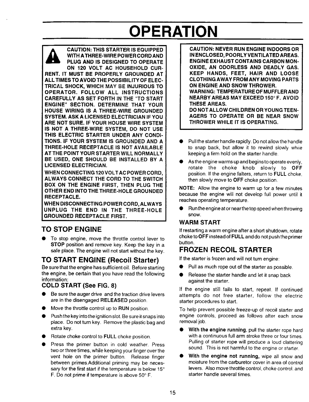 Sears 536.886331 TO START ENGINE Recoil Starter, Frozen Recoil Starter, COLD START See FIG, Operation, To Stop Engine 