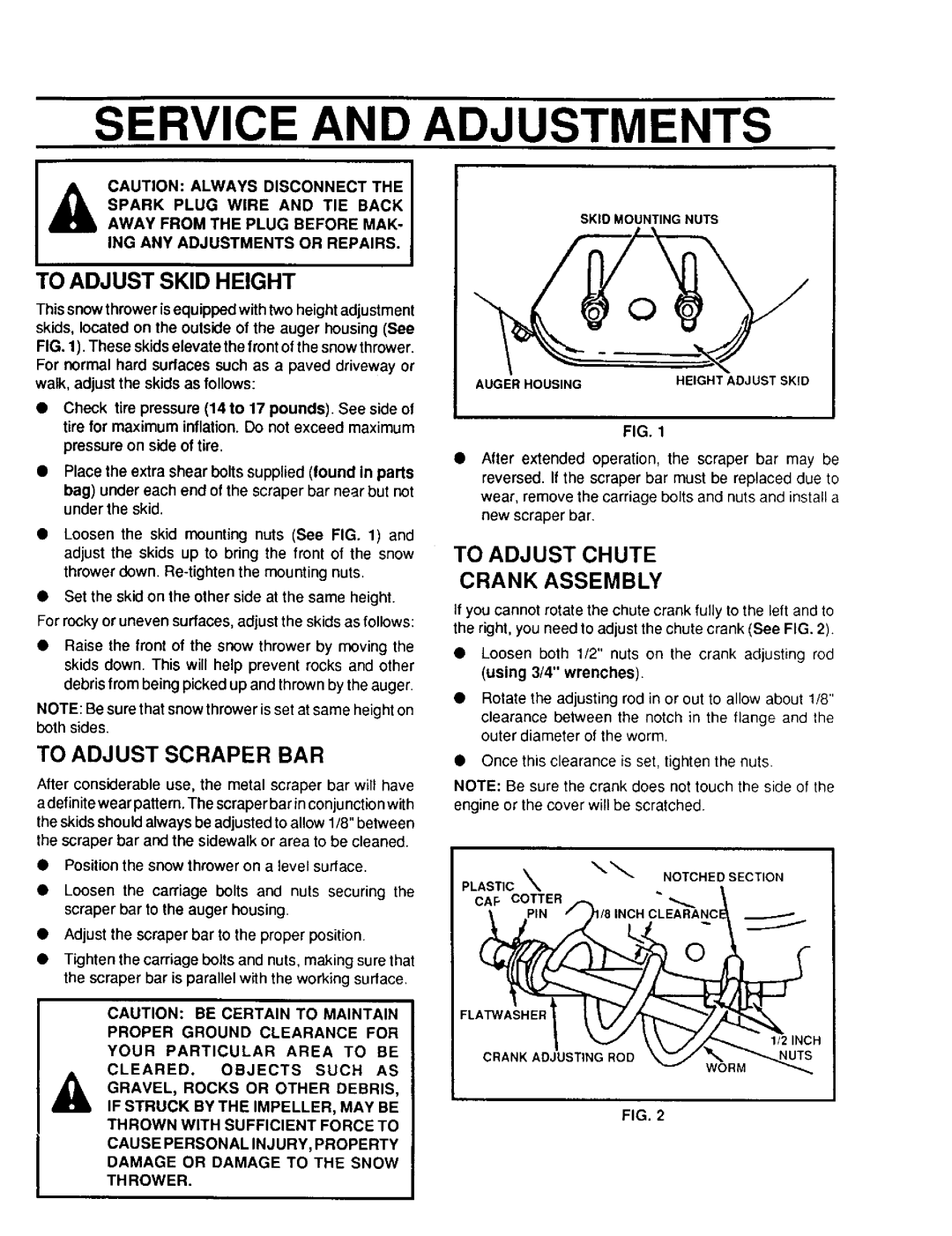Sears 536.886331 Service And Adjustments, To Adjust Skid Height, To Adjust Scraper Bar, To Adjust Chute Crank Assembly 