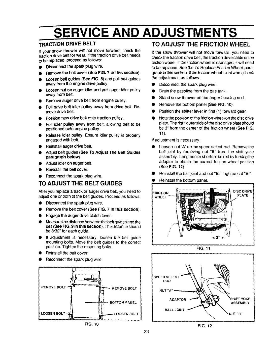 Sears 536.886331 Traction Drive Belt, To Adjust The Belt Guides, To Adjust The Friction Wheel, Service And Adjustments 