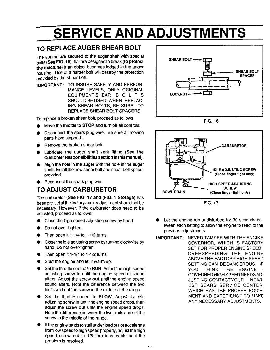 Sears 536.886331 owner manual To Replace Auger Shear Bolt, To Adjust Carburetor, Service And, Adjustments, T s,,,.o,,.T 