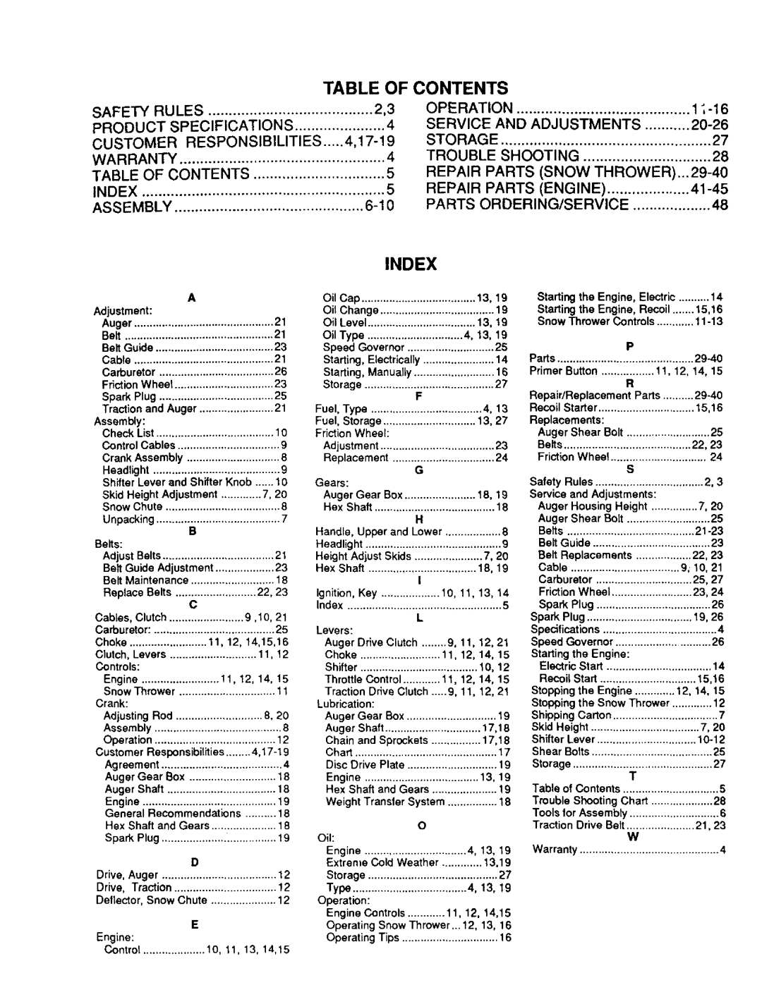 Sears 536.886331 owner manual Table Of Contents, Index 