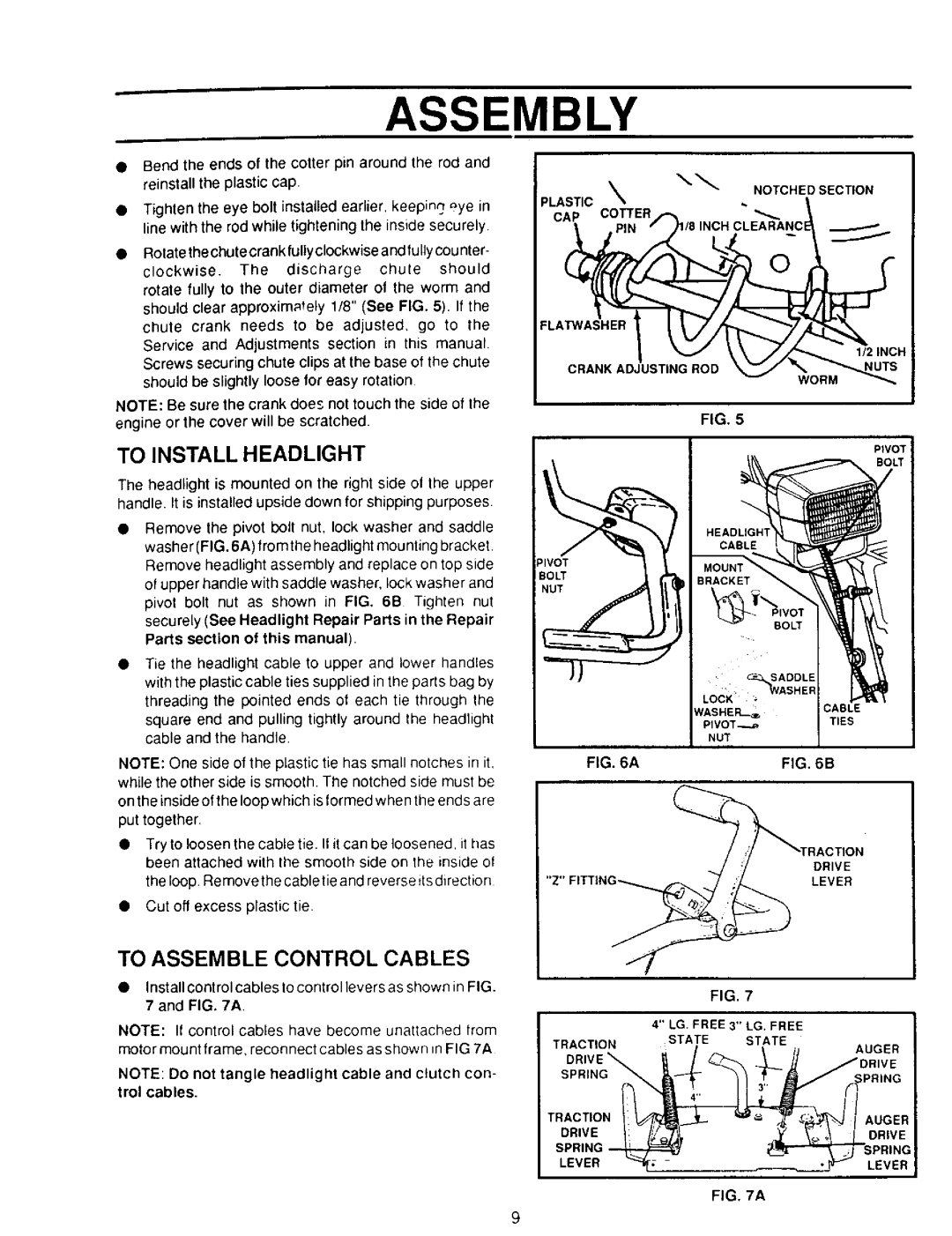 Sears 536.886331 owner manual To Install Headlight, Plastic, Notchedsection, To Assemble Control Cables, Assembly 