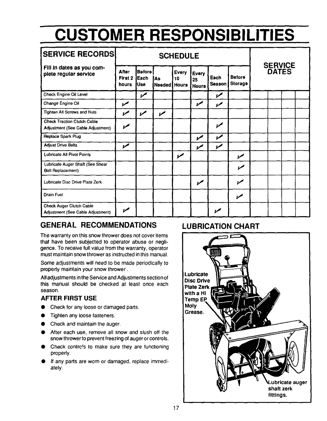 Sears 536.886331 owner manual Customer Responsibilities, Service Records Schedule, General Recommendationslubrication Chart 